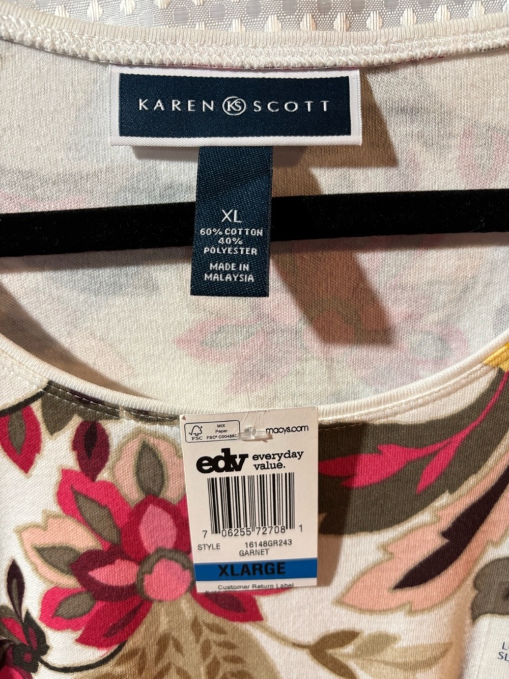 NWT Karen Scott XL Floral Long Sleeve Scoop Neck Top Cream Pink & Yellow Flowers - Picture 3 of 3